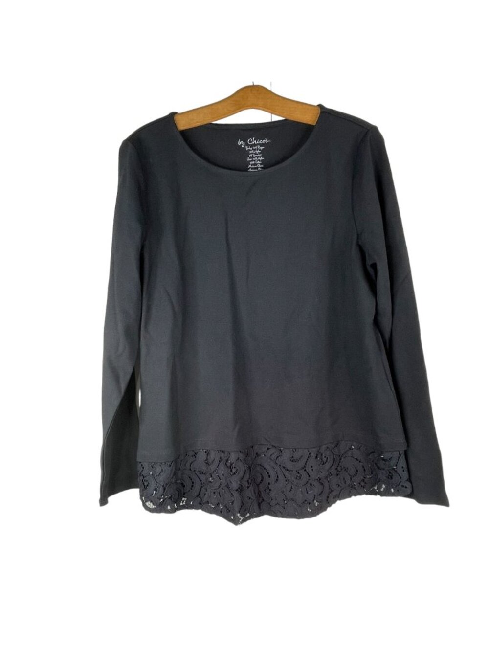Chicos Top Size Small 1 Lace Hem Long Sleeve Round Neck Black Rayon Blouse